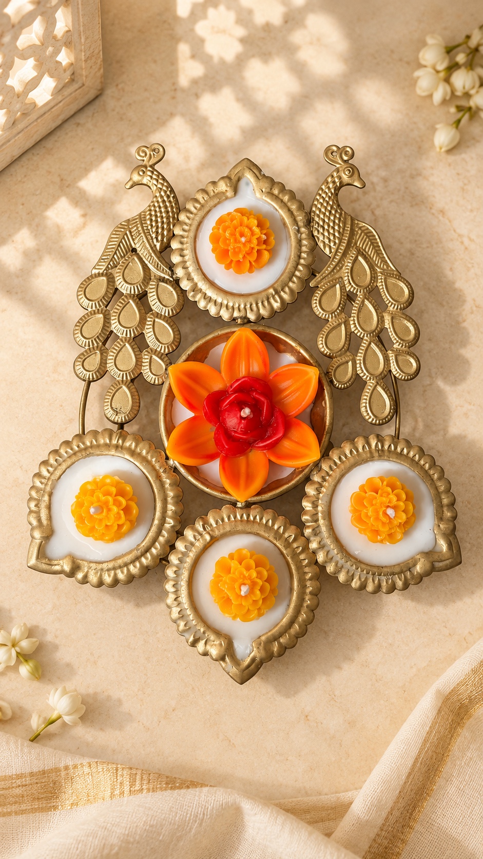 Peacock Four Diya Urli Set