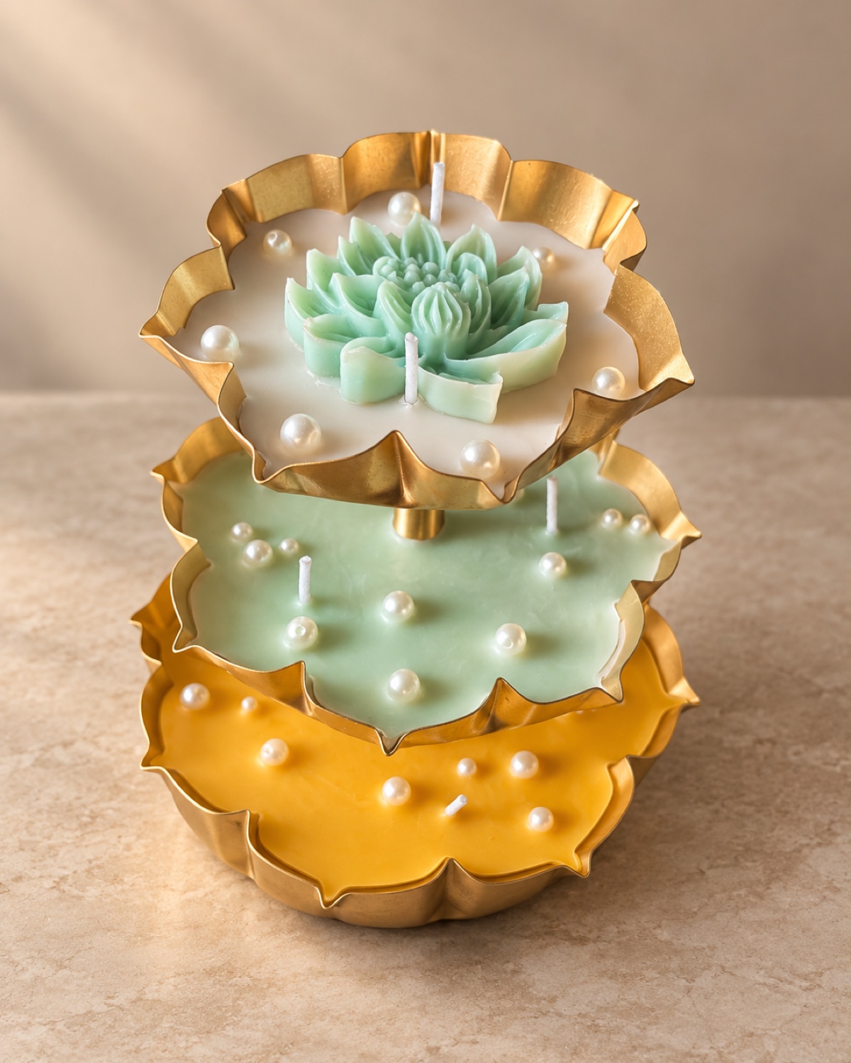 Three-Tier Mint & Marigold Urli Candle